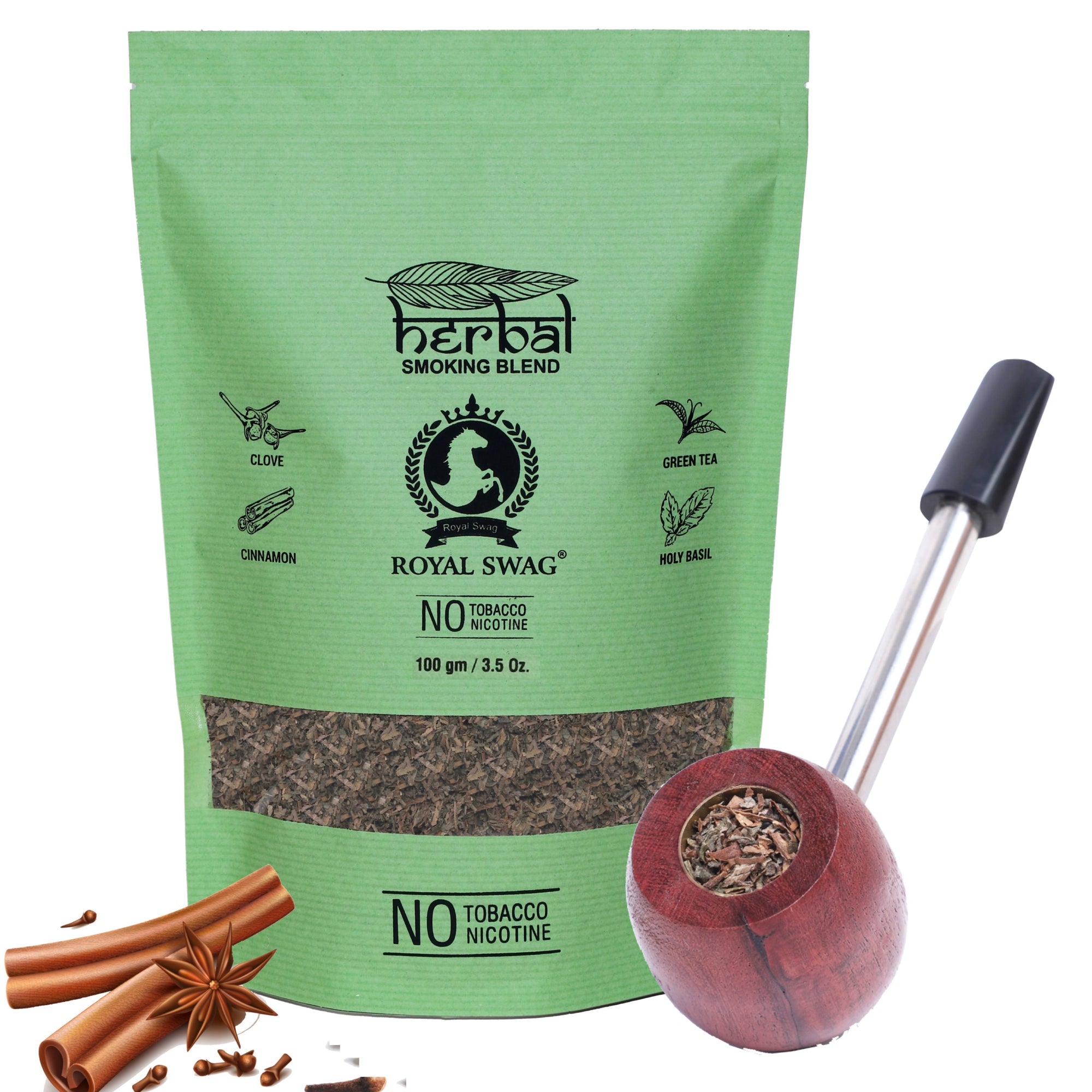 Tobacco & Nicotine Free Herbal Smoking Blend + Wooden Steel Pipe - (3.5 Oz/ 100G)